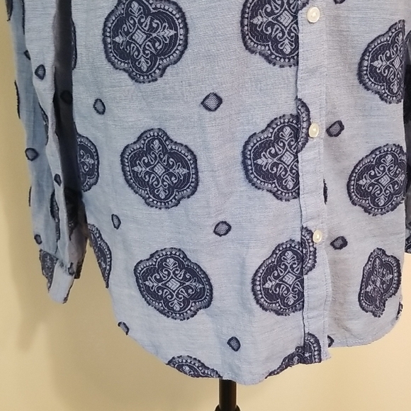 LOFT Women's Boho Blue Medallion Blouson Sleeve Cotton Button Up Tunic Top Small - Picture 3 of 13